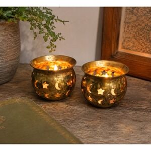 Vtg Brass Moon & Stars Tealight Candle Holders Set of 2 Celestial Votive Cups